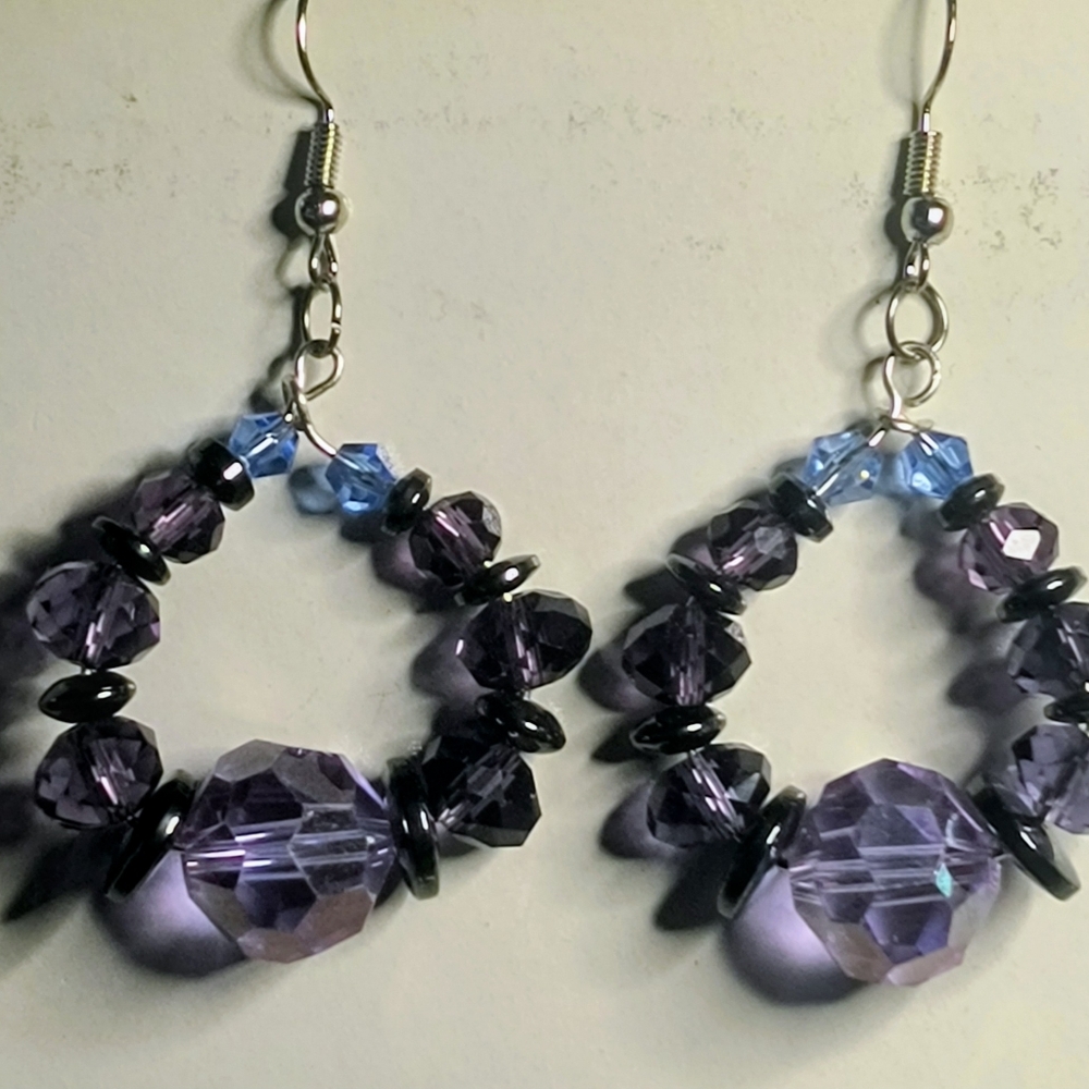 Elegant Genuine Amethyst, Hematite & Quartz Crystal Beaded Hoop Earrings